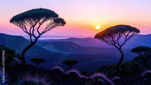 Serene African Savannah Sunset with Acacia Trees.