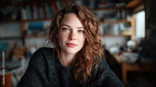 Wallpaper Mural A close-up portrait of a young woman with flowing curly hair, seated in a cozy, well-organized workspace, exuding creativity and artistic flair. Torontodigital.ca