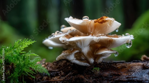 A stunning close-up of a mushroom adorned with glistening water droplets, showcasing its intricate textures and the beauty of nature in a lush forest environment.