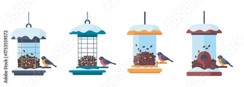 Various designs of winter bird feeders with snow-covered tops, visited by small birds collecting seeds, emphasizing diverse feeder styles for cold seasons.