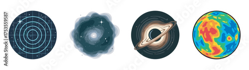 Four distinct circular space-themed icons displaying a constellation grid, a swirling galaxy, a planet with rings, and a colorful topographic map of a celestial body.
