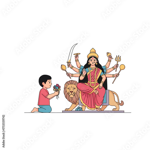 Celebrate Durga Puja with vibrant artwork depicting a child's heartfelt offering of flowers to the goddess on her lion, honoring Indian culture