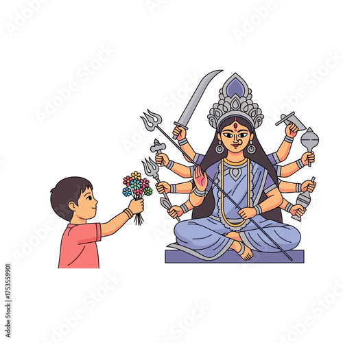 Sweet boy offering flowers to stunning Durga idol illustration for joyous celebration, a vibrant cultural depiction of worship and tradition