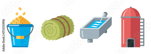 A blue feed bucket filled with grains, a cylindrical hay bale with green straps, a gray water trough filled with water, and a tall red silo with a ladder.