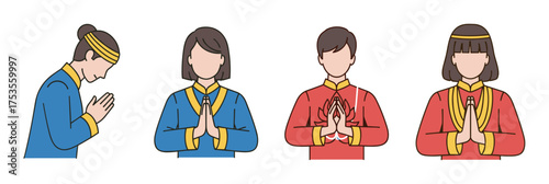 Illustration of two caucasian and two asian young adults wearing traditional clothing, standing with hands in prayer position.