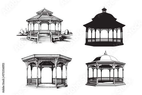 Victorian Gazebo Silhouettes – Classic Outdoor Pavilion Vector Illustrations.