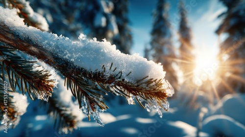 A close-up of a snow-covered pine tree branch glistening under the bright sun, capturing the enchanting beauty of winter and the tranquil atmosphere it creates.