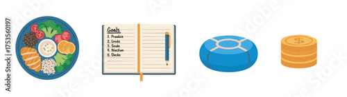 Illustrated icons of a balanced meal in a bowl, a goal-setting notebook, a meditative cushion, and stacked gold coins.