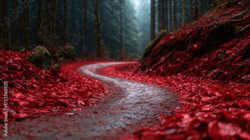 A serene scene featuring a winding pathway adorned with vivid red autumn leaves, creating a picturesque woodland atmosphere that evokes tranquility and nature's beauty.