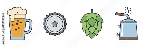 Four separate beer-related icons including a mug with foam, a bottle cap with a star, a green hop cone, and a steaming brewing kettle.