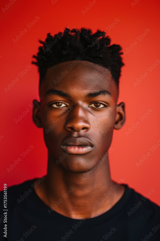 Fototapeta premium Intense Portrait of Young Man Against Bold Red Background