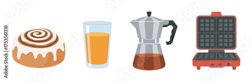 A cinnamon roll with icing, a glass of orange juice, a stovetop espresso maker with coffee, and a red waffle maker.