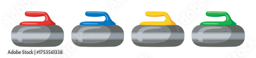 Four colorful curling stones with red, blue, yellow, and green handles arranged in a row on a neutral background.