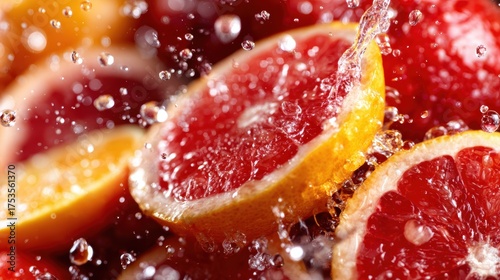 Brightly colored grapefruit and lemon slices are splashed with water droplets, creating a dynamic and refreshing composition that celebrates the vibrancy of citrus fruits.