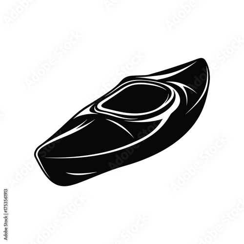 Black silhouette of a sleek kayak with white accents on a white background boat watercraft