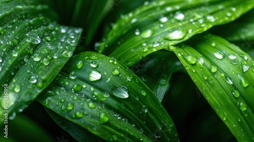 Close-up of fresh green leaves adorned with glistening water droplets, capturing the essence of nature's beauty and the refreshing feel of early morning dew.