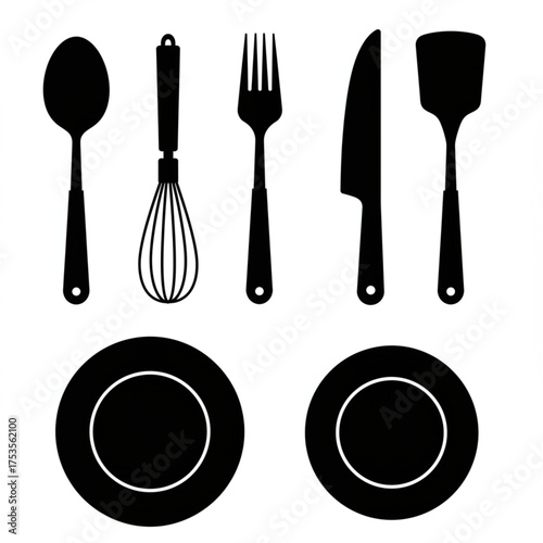 Modern minimalist kitchen utensil set in black silhouette, kitchenware for cooking and serving, cutlery and plates, restaurant menu illustration, flat design elements
