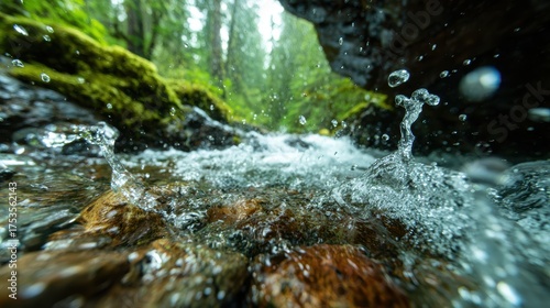 A beautiful scene depicting a vibrant stream with sparkling water cascading over rocks, surrounded by lush greenery that captures the essence of nature's tranquility and purity.