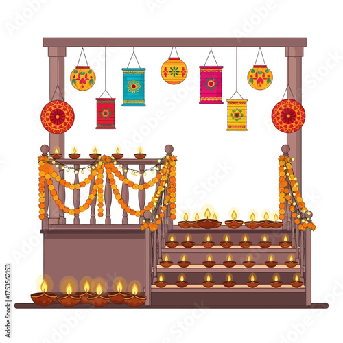 Celebrate Diwali with vibrant lanterns and glowing diyas, creating a warm and inviting atmosphere for festive gatherings and joyful moments