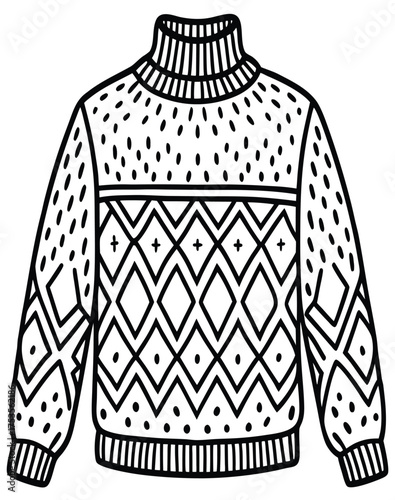 Hand-drawn line art illustration of a cozy patterned turtleneck sweater with a traditional geometric design, isolated on a white background