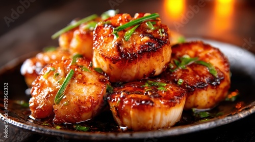 A mouthwatering dish of perfectly seared scallops, glistening in a savory sauce, showcasing culinary artistry and the delectable presentation of gourmet cuisine.