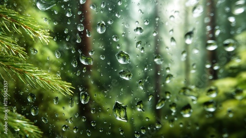 Rain droplets cling to a glass surface while blurring a rich backdrop of greenery, creating an intimate connection with nature's refreshing embrace during a serene rainy day.