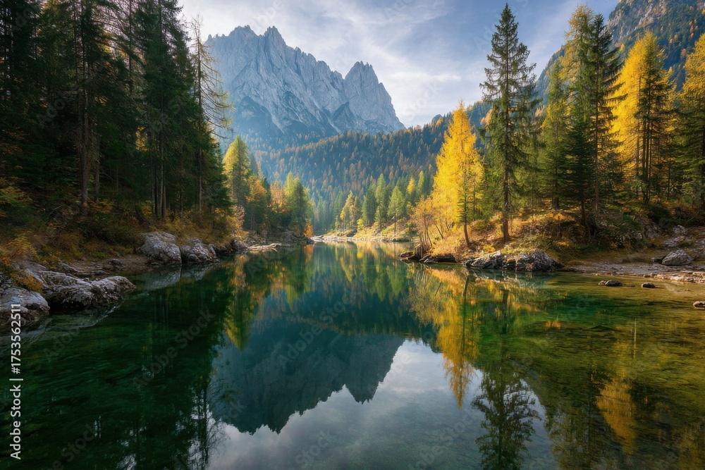 Obraz premium Autumn forest lake mountain reflection mountains