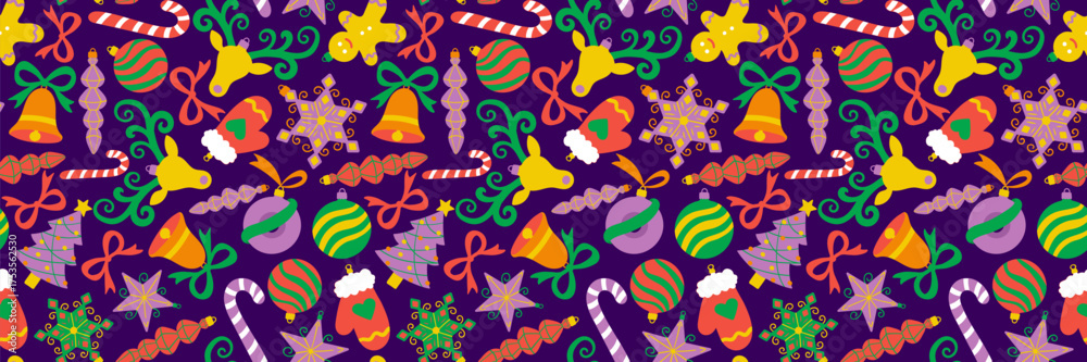 Fototapeta premium bright christmas hand drawn doodle seamless pattern dark background colorful decorations candy cane gingerbread man mitten new year holiday print