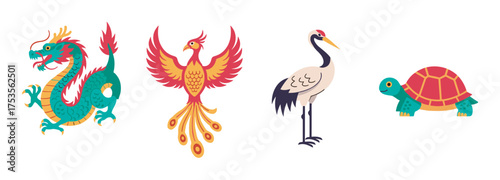 Colorful depictions of four mythical and symbolic creatures, including a dragon, phoenix, crane, and turtle, aligned in a row.