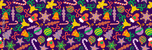 bright christmas hand drawn doodle seamless pattern dark background colorful decorations candy cane gingerbread man mitten new year holiday print