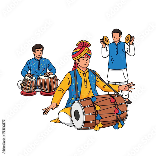 Celebrate vibrant Indian culture with musicians playing traditional instruments, perfect for festivals, cultural events, and global celebrations