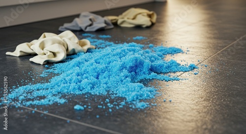 Blue substance spilled on dark tiled floor with cleaning cloths nearby