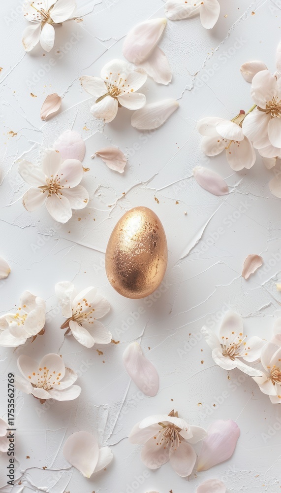 Fototapeta premium Minimalist Easter Flat-Lay with Golden Egg and Floral Petals on White Background