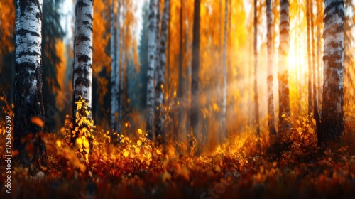 A stunning view of an autumn forest showcasing vibrant orange and yellow foliage under soft sunlight illuminating the tranquil scene, inviting viewers to experience nature's beauty.