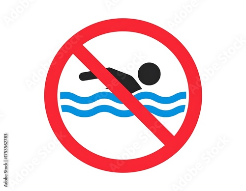 A red-circled sign depicting a swimmer in blue waves with a diagonal red line through it, indicating swimming is forbidden