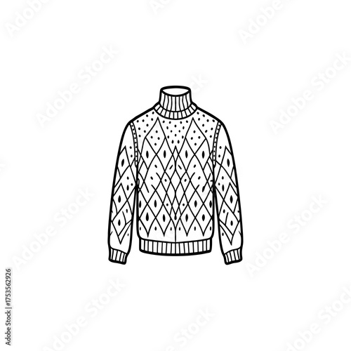 Hand-drawn sketch of a cozy, patterned mock-neck sweater. This knitted garment is perfect for winter fashion, autumn apparel, and cold weather clothing design