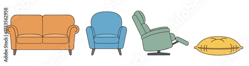 Four different styles of seating furniture, including an orange loveseat, blue armchair, green recliner, and yellow cushion, arranged in a row.