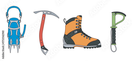 Set of mountaineering equipment including crampons, an ice axe, an orange and black hiking boot, and a green-handled rope ascender.