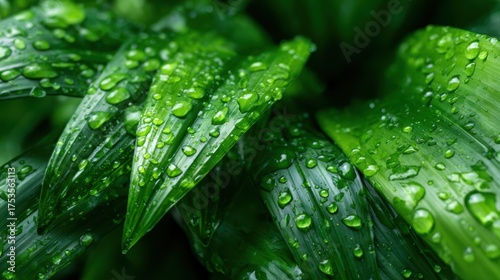 Close-up view of vibrant green leaves adorned with glistening raindrops, highlighting the beauty and freshness of nature while evoking a sense of calm and rejuvenation.