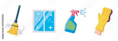 Illustrative icons of a broom, sparkling window, spray bottle, and gloved hand cleaning with a sponge in a minimal style.
