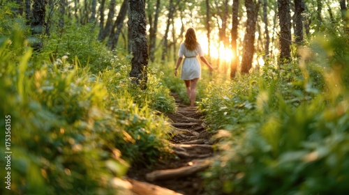 A serene scene of a woman in a flowing dress walking along a sunlit forest path, evoking feelings of peace, tranquility, and connection with nature’s beauty and vitality.