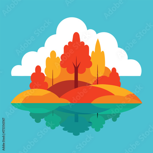An illustration of an autumn landscape with trees and clouds in the sky