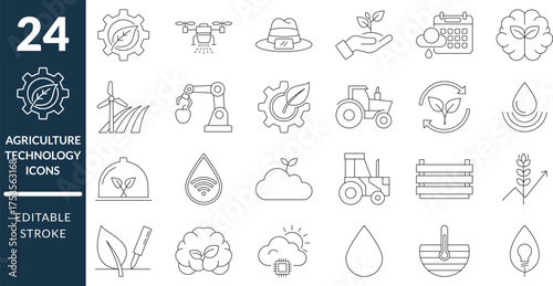 Sustainable Agriculture Technology Icons. Editable Stroke, Smart Farm Equipment, Eco Growth Concepts, Automated Agriculture, Renewable Energy, and Green Farming Line Design