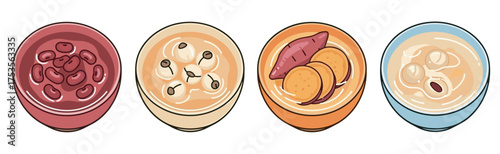 Four colorful bowls filled with various types of beans and sweet potatoes, showcasing a variety of nutritious legumes and root vegetables.