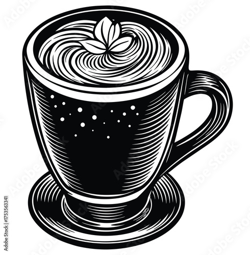 Elegant Jasmine Tea Cup Intricate Engraved Illustration of Green Tea Infused with Jasmine Flower on Saucer