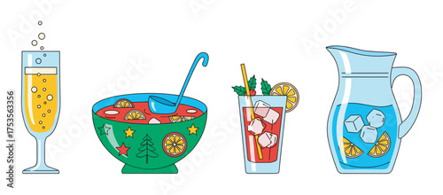 Colorful assortment of beverages including a champagne flute, festive punch bowl with ladle, iced cocktail with straw and garnish, and a pitcher of icy lemonade.