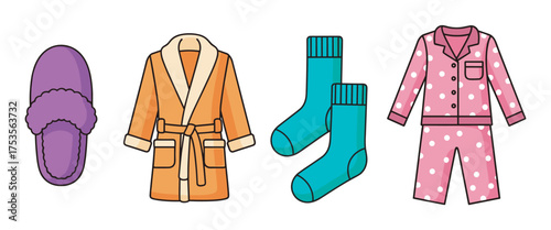 Colorful illustrated set of cozy home wear, including purple slippers, orange bathrobe, teal socks, and pink polka dot pajamas.