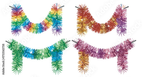 Four festive garlands in rainbow, red, green, and purple colors, arranged in rows with shiny and vibrant tinsel texture.