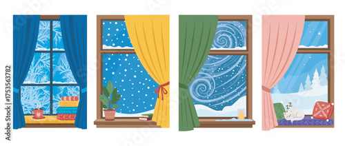 Four different window views showcase unique winter scenes with vibrant curtains, including frost patterns, snowflakes, swirling wind, and a sleeping cat by icy landscapes.