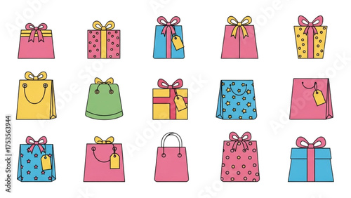 Gift Box Collection Vibrant Icon Set Featuring Presents and Shopping Bags
